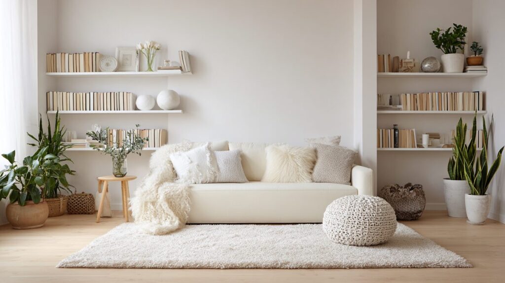 A calm, light-filled living room with soft beige tones, indoor plants, and open shelving—symbolizing balance and harmony.