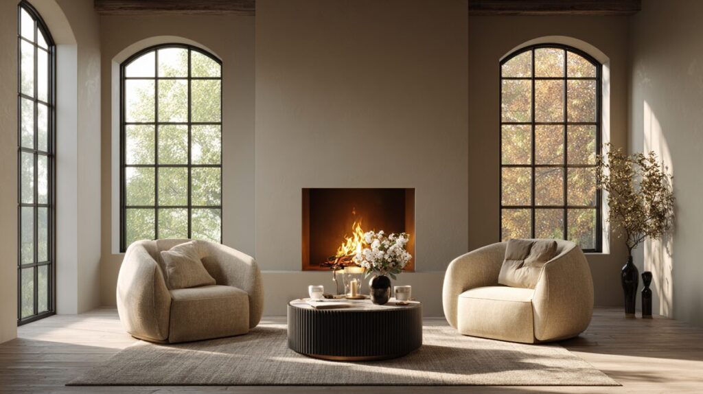 fengshui-livingroom-02-fireplace A modern living room with two armchairs and a central fireplace, representing warmth and connection.