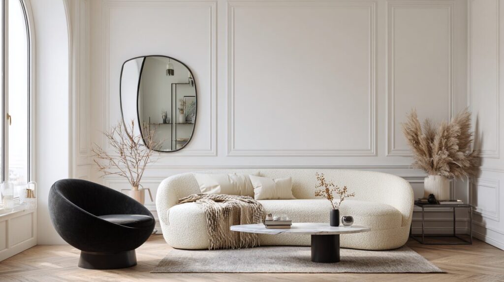 fengshui-livingroom-03-coffee-table A contemporary living room with curved furniture and soft textures, promoting gentle energy circulation.