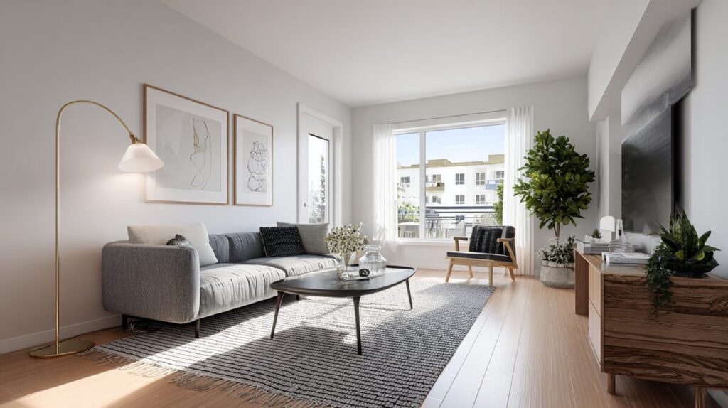 fengshui-livingroom-04-condo-pasadena A bright Pasadena condo living room with natural light and compact layout, enhanced with greenery.