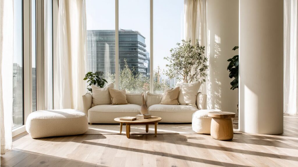 fengshui-livingroom-05-lighting A Japandi-style living room with floor-to-ceiling windows, emphasizing light and flow.