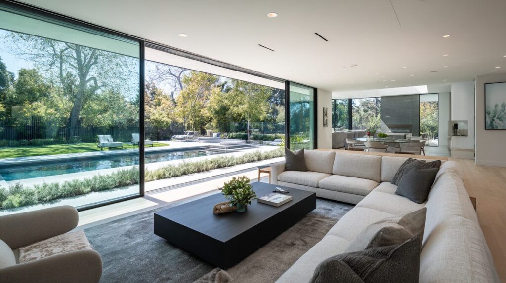 fengshui-livingroom-08-nature-view A minimalist living room with panoramic glass doors and garden view, symbolizing openness and balance.