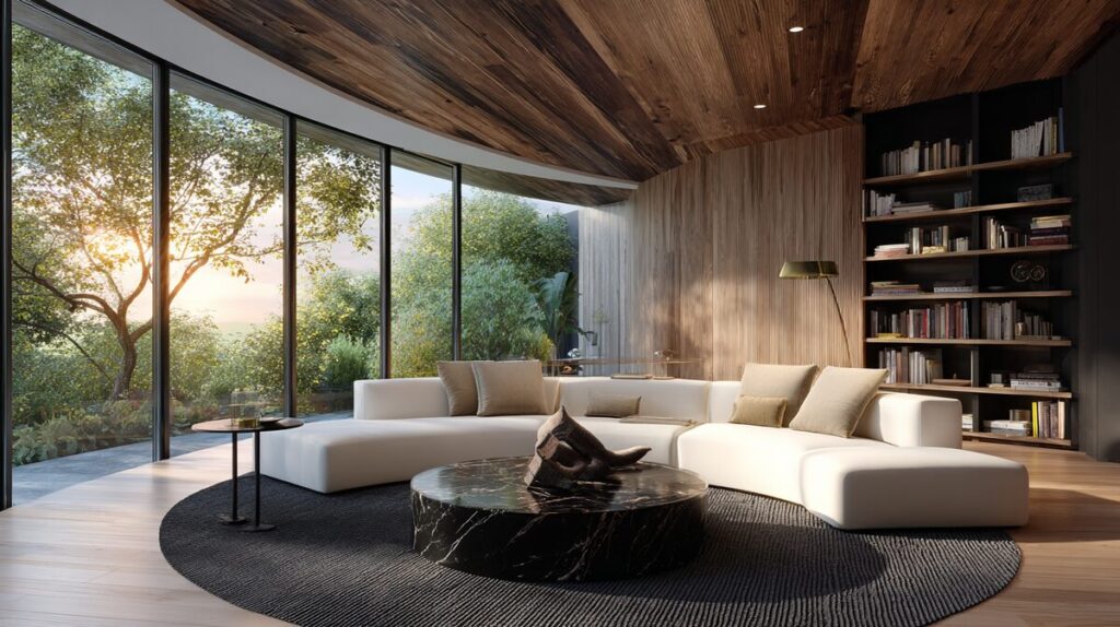 fengshui-livingroom-09-elements A warm, wood-accented living room combining natural materials and balance of elements.