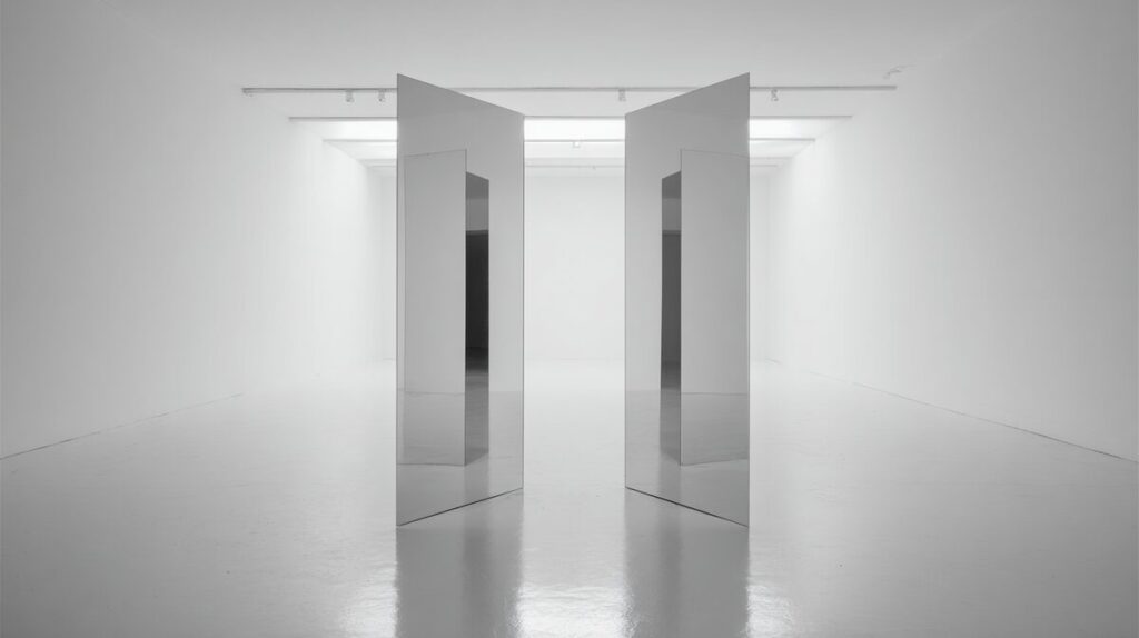 Two angled mirrors facing each other, creating infinite reflections in a minimal white space.