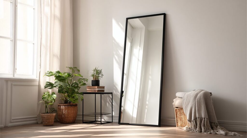 A full-length mirror leaning against the wall, reflecting soft sunlight and indoor plants.