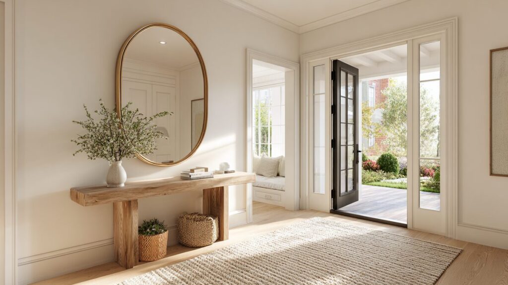 A bright entryway with a round mirror and natural light, evoking balance and calm.