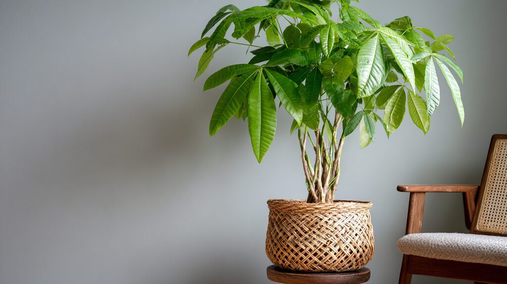 money-tree-feng-shui-wealth-corner “Money Tree (Pachira aquatica) in a woven basket pot, representing growth and prosperity in the Southeast wealth corner.”