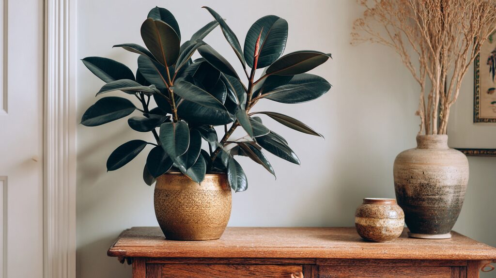 rubber-plant-feng-shui-grounding “Rubber Plant in a gold ceramic pot on a wooden console, symbolizing grounded energy and harmony in Feng Shui interiors.”