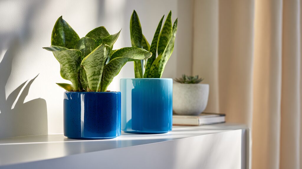 snake-plant-feng-shui-clarity “Two snake plants in glossy blue ceramic pots placed by sunlight, representing clarity and grounded focus in Feng Shui.”