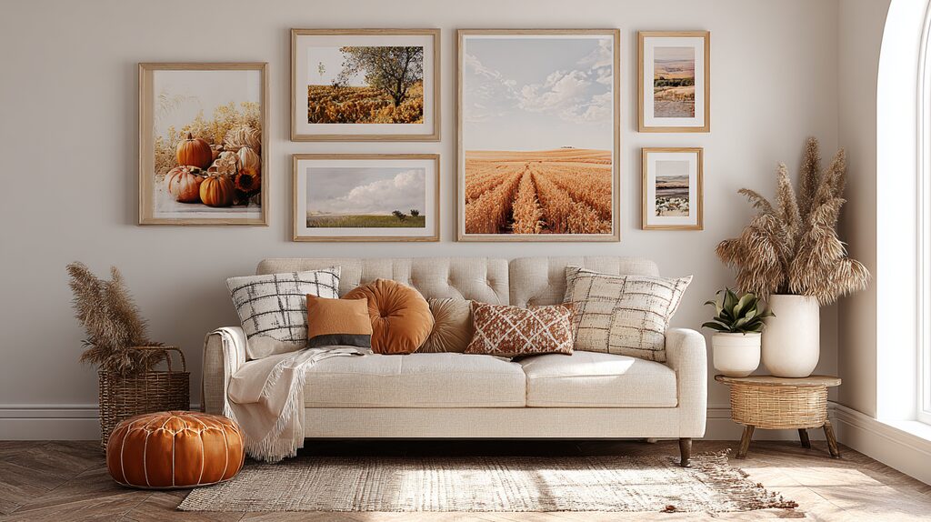 “Warm autumn sunlight filling a cozy living room with earthy tones and wooden textures, symbolizing the harmony of Metal and Earth energy in Feng Shui.”
