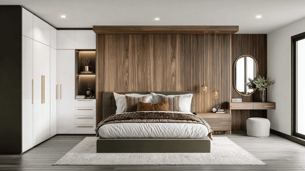 “A modern bedroom with the bed placed against a solid wall and facing the door at an angle, illustrating the Feng Shui command position and its link to psychological safety.”