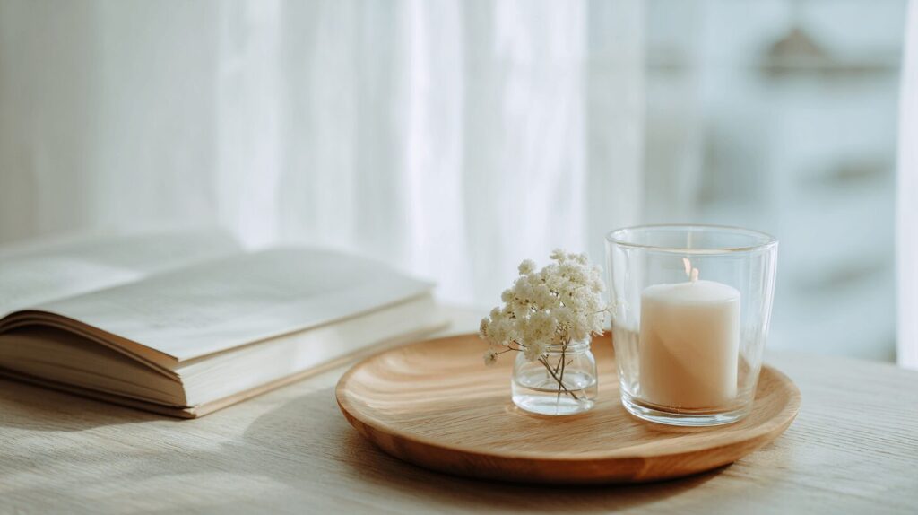“A peaceful home scene with a lit candle, small white flowers, and an open book on a wooden tray, symbolizing the calm and human-centered lifestyle emphasized in Feng Shui.”