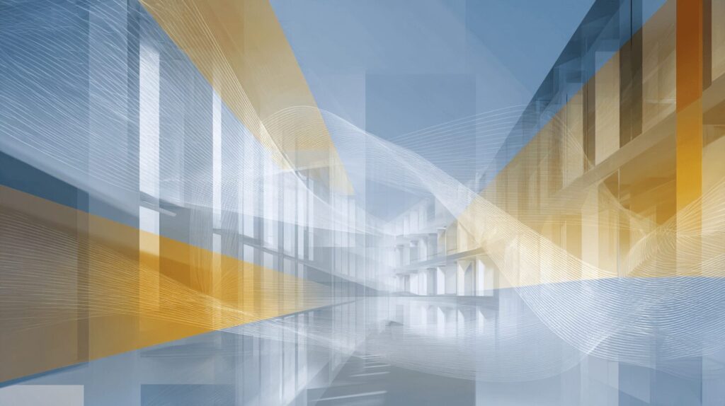 “Abstract interior illustration with soft flowing lines and layered light fields, symbolizing invisible qi and the subtle ambient energies that shape how a space feels.”