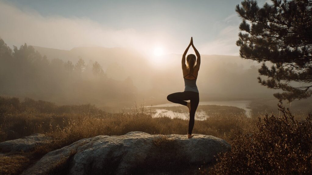 “A woman practicing yoga in a natural landscape at sunrise, symbolizing the Feng Shui principle of Tian–Ren–He–Yi—the harmony between humans and their environment.”