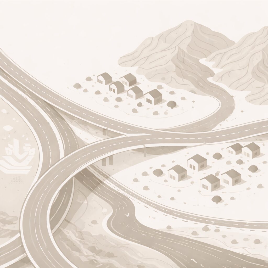 Site and road feng shui illustration showing external movement
