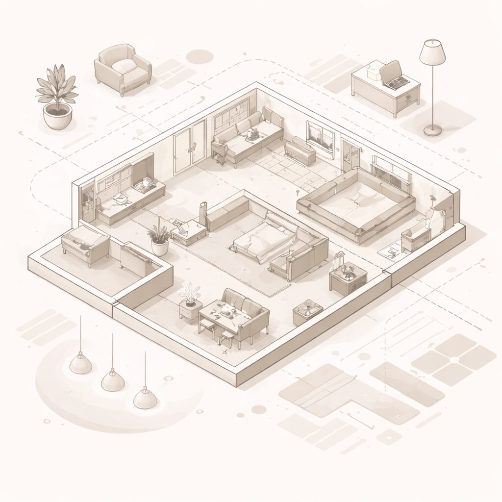 Home layout feng shui illustration showing internal flow