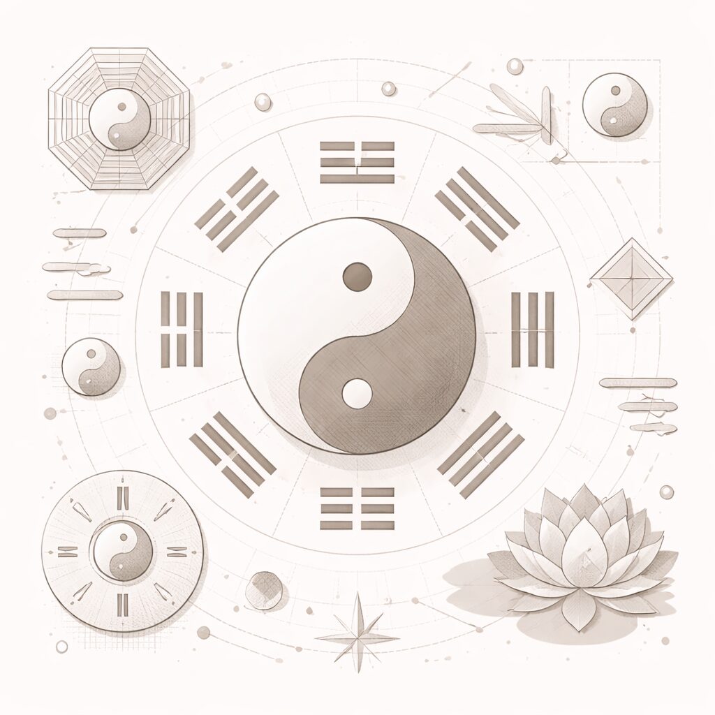 Classical feng shui framework illustration with yin yang