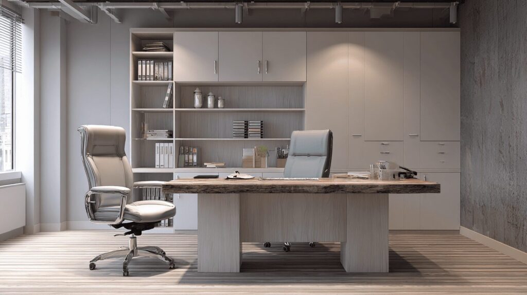 “A modern manager’s office with a desk facing the entrance and a solid wall of cabinets behind the chair, illustrating the command position and strong backing in workplace feng shui.”