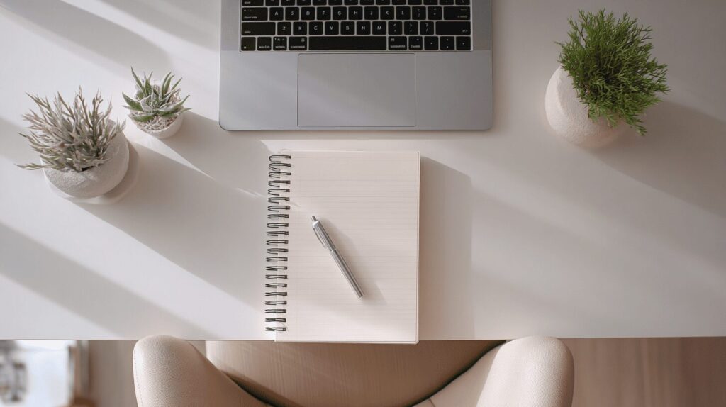 “A clean, minimalist office desk with a notebook, pen, and small plants arranged neatly under soft natural light, illustrating how small adjustments in workspace setup can create a calmer, more supportive work environment.”