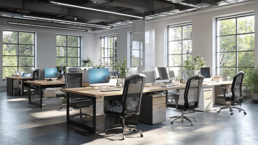 A bright modern open-plan office with large windows, natural light, and organized workstations arranged in rows, creating a calm and balanced workspace.