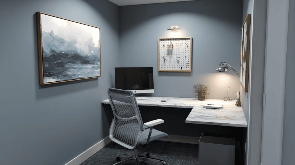 “A modern office workstation positioned directly against a solid wall, with a narrow visual field and minimal external view, illustrating a contained and focused work environment.”