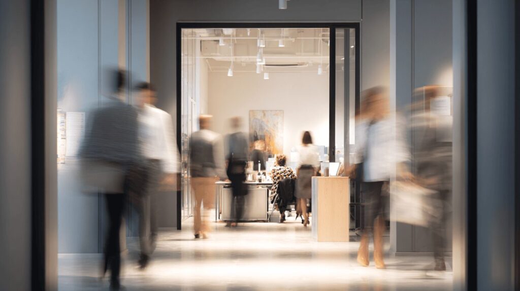“A workstation positioned near the main office entrance, with blurred figures walking through a busy corridor, illustrating a high-traffic and high-alert workspace environment.”