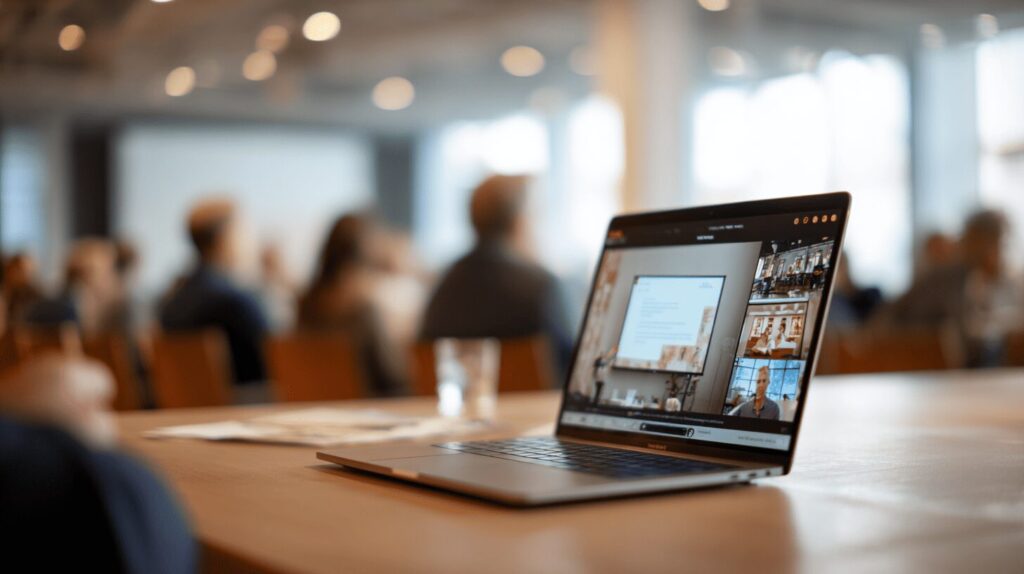 “A laptop displaying a Zoom meeting in a modern office setting, with soft lighting and a blurred background, illustrating best practices for on-camera presence in hybrid work environments.”