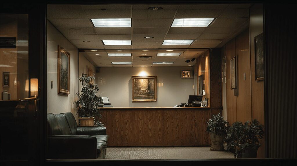 An outdated law office reception area with a narrow hallway, low ceilings, fluorescent lighting, and a front desk placed directly in line with the entrance—creating a tense, compressed arrival experience.
