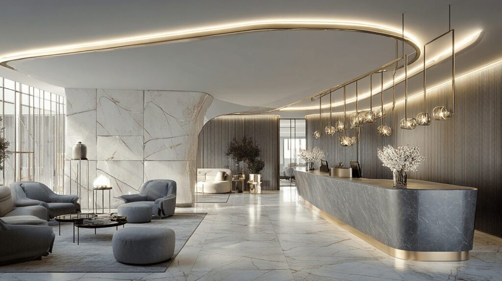 A luxurious hotel reception area with soft curved lighting, an elegant stone front desk, generous open space, and warm materials that create a calming, highly controlled arrival experience—similar to the flow design exemplified by Park Hyatt New York.
