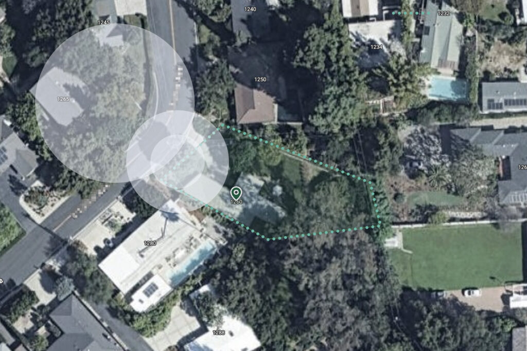 Aerial site view showing property boundaries and overlapping front-yard impact zones near a reverse-curve road in Pasadena.