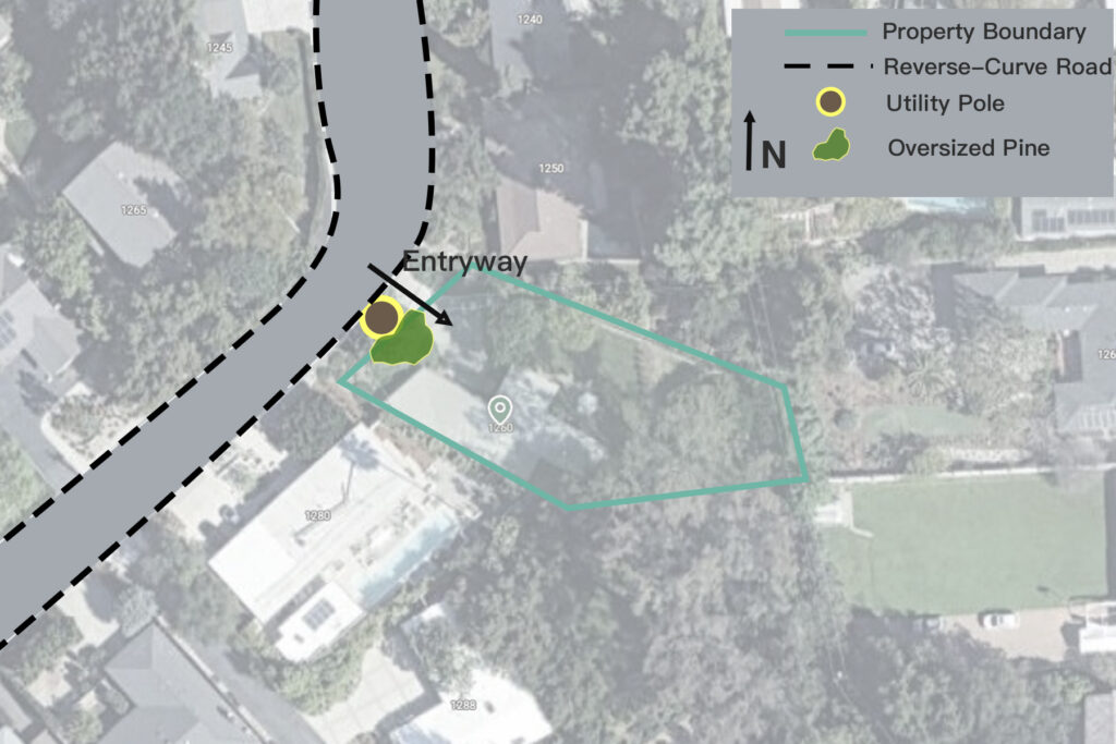插图1 Annotated aerial view showing multiple front-yard environmental pressures overlapping within the same site area, including a reverse-curve road, utility pole alignment, and oversized trees.