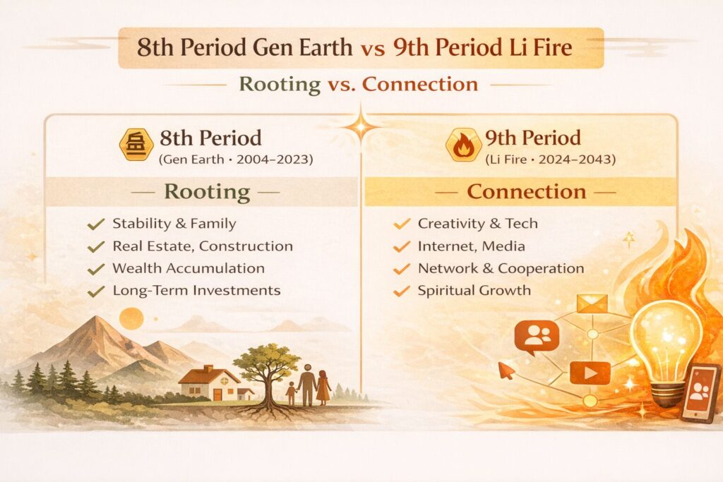 Period 8 vs. Period 9: Rooting vs. Connection (2004–2023 vs 2024–2043) A comparison infographic of Period 8 (Gen Earth, 2004–2023) focused on “Rooting” with stability, family, real estate/construction, wealth accumulation, and long-term investing, versus Period 9 (Li Fire, 2024–2043) focused on “Connection” with creativity/tech, internet/media, networks/cooperation, and growth.