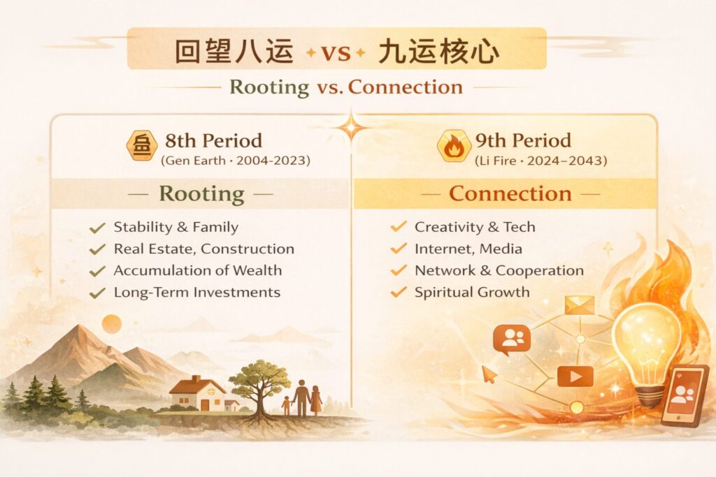 八运与九运对照信息图：八运（2004–2023，艮土）关键词为“扎根”，强调稳定、家庭、房地产/建设、财富积累与长期投资；九运（2024–2043，离火）关键词为“连接”，强调创意科技、互联网媒体、网络协作与成长。