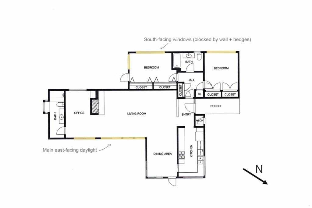 socal-floor-plan-daylight-blocked-south-windows Floor plan showing the main daylight side and south-facing windows partially blocked by a wall and hedges.
