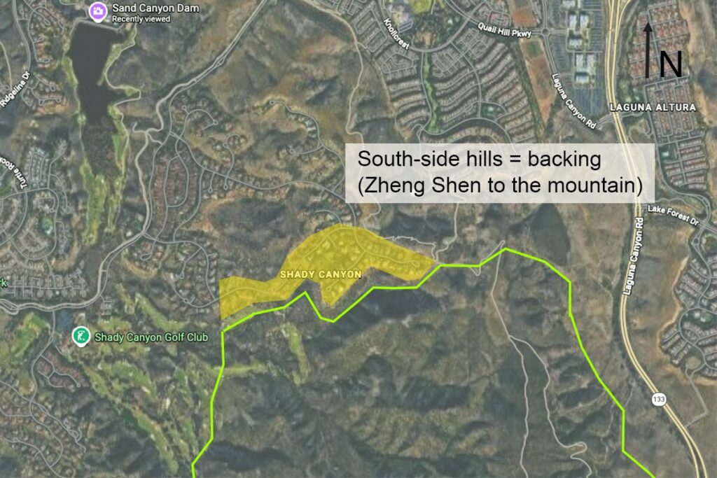 Shady Canyon: South-Side Hills as Backing (Zheng Shen to the Mountain) Satellite map of Shady Canyon showing the community backed by hills on the south side, illustrating the Period 9 concept of “Zheng Shen to the mountain” (mountain/backing and stillness).