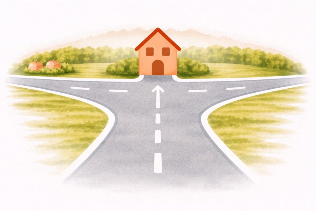 T 字路口风水示意图：住宅正对笔直来路，车流与气场迎面冲向宅前，代表直冲之势较重，居住环境较易受扰动