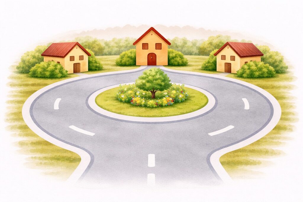 Cul-de-sac 示意图：住宅位于尽端回转道路一侧，道路呈回环合围之势，整体环境较安静，也较易形成温和稳定的外部气场。