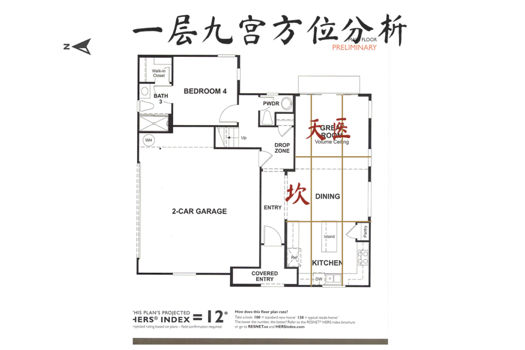 一层九宫分析 住宅一层九宫方位分析图,展示客厅、餐厅与厨房区域的方位分布。