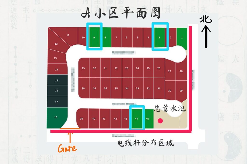 A小区平面图，标示备选房位置、社区外围电线杆分布区域及东南侧总蓄水池