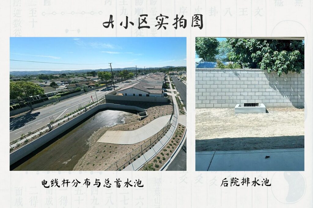A小区现场实拍，展示社区外围架空电线杆、总蓄水池及住宅后院排水池