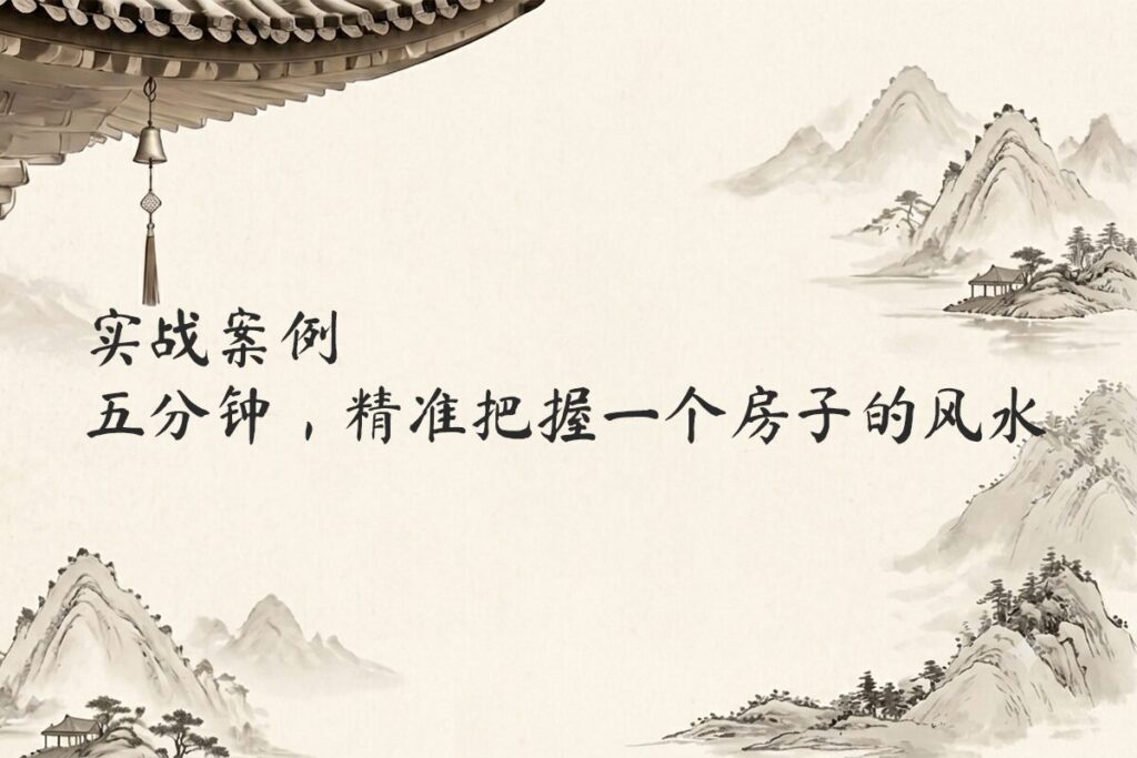 南加州住宅风水实战案例封面，水墨山水背景，标题为“五分钟，精准把握一个房子的风水”
